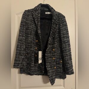 Zara Black and White Tweed Blazer with Gold Buttons